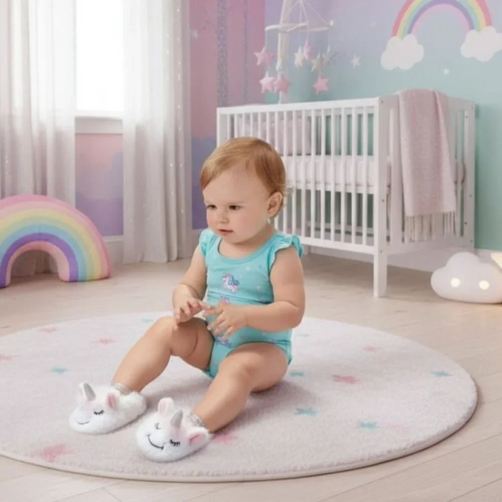 Cat & Jack 5/6 Shoes Kids Girl Unicorn Baby Fuzzy Faux Fur Soft Slippers Toddler
